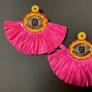 XXXL Beaded Earrings with Raffia Fans and Evil Eye in Bright Pink 28304